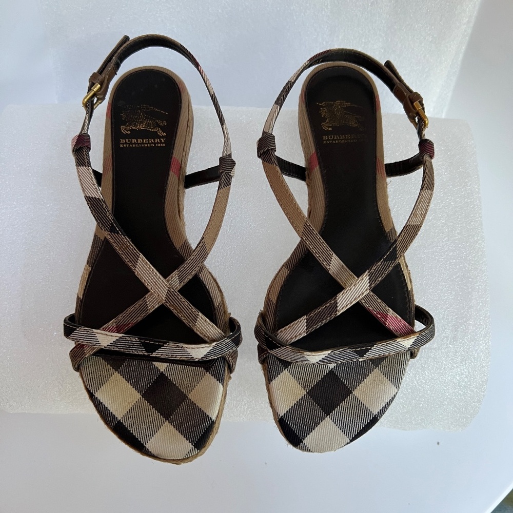 Burberry Nova Check Canvas Espadrille Sandals Criss Cross Strap Flat Sz 6 - Picture 8 of 15